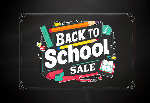 A vibrant & colorful design Back to School Sale'surrounded by school supplies such as pencils, a ruler, books, and a globe. Plant of room to crop and add ad copy