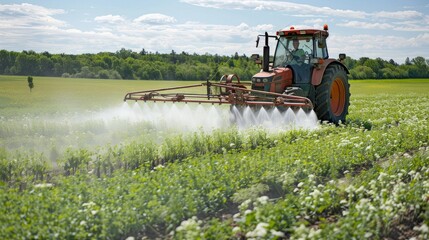 Crop care: Tractor sprays pesticides in springtime field. Vital protection for crops ensures healthy harvests, blending technology with agricultural traditions in rural landscapes.