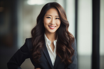 Fototapeta premium Smiling asian businesswomen in suit. Women in work clothes. Rich women. Business boss. Boss of a start-up. Asian women. Chinese women. Japanese women. AI. 