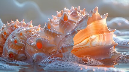 The delicate curves of a seashell, its pearly surface gleaming softly in the warm light of dawn. - obrazy, fototapety, plakaty
