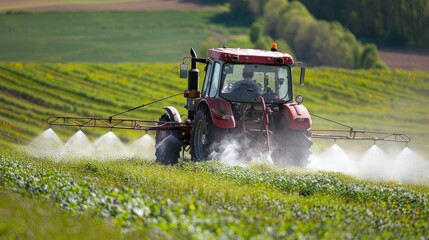 Fototapeta premium Crop care: Tractor sprays pesticides in springtime field. Vital protection for crops ensures healthy harvests, blending technology with agricultural traditions in rural landscapes.