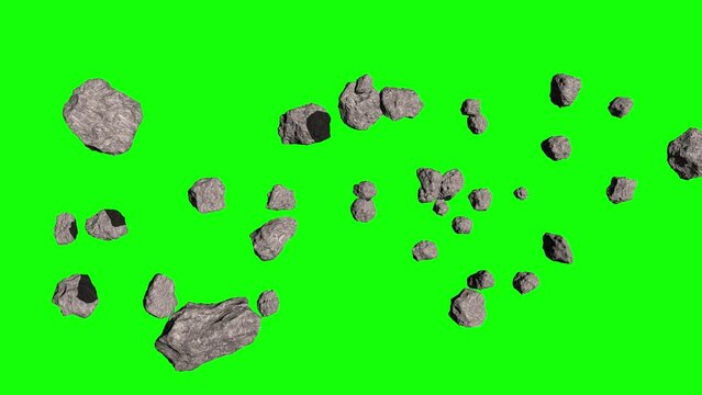 Asteroids on a green background. Fly around a group of asteroids on a green screen. Chromakey.
