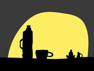 Sunset. One is sitting on the ground with his backpack, thermos and cup. Yellow moon, black environment. Flat vector illustration. Good for advertisment, sale, coupon, presentation, slogan. 