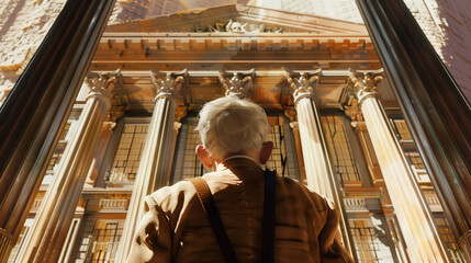 Older man stands in front of massive, intimidating building.