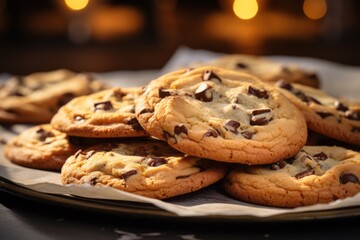 Tasty chocolate chip cookies on a marble slab against a pastel or soft colors background