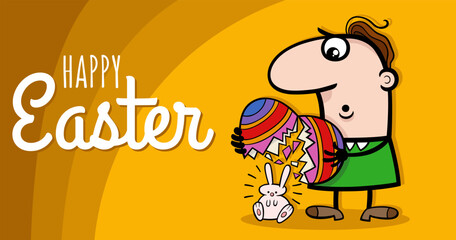 cartoon man with Easter bunny hatching from egg greeting card