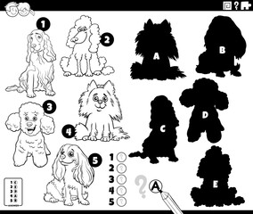 finding shadows game with cartoon purebred dogs coloring page