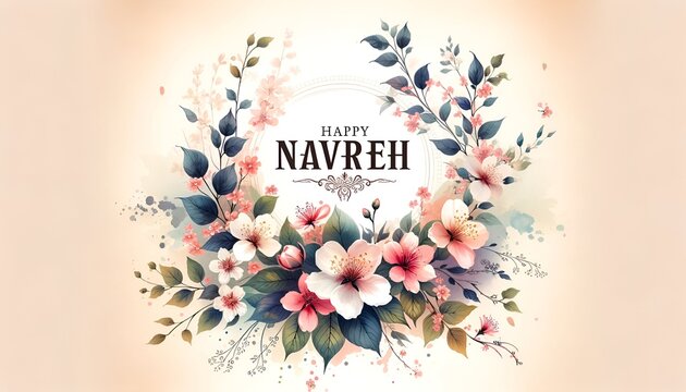 Happy navreh card watercolor illustration with beautiful elegant wreath with flowers.