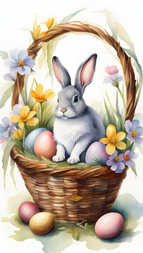 Colorful Easter Bunny Illustration with Basket of Vibrant Easter Eggs, Hand-painted Watercolor Spring Holiday Scene for Festive Greeting Cards and Decorative Prints
