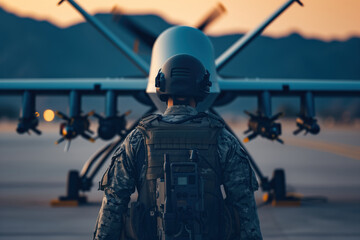 An operator prepares drone with artificial intelligence for flight in conjunction with combat missions AI Generative - obrazy, fototapety, plakaty