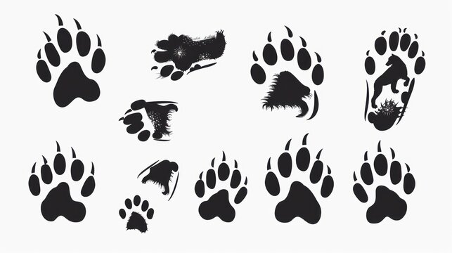 black animals footprint tracks on whitw background