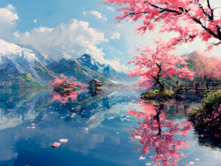 Spring in Japan, oriental, spring. Mountains, rocks. Art, AI illustration