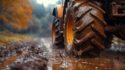 Tractor's wheel close-up on muddy field road. Gritty rural scene depicts the essence of farm life and the challenges of agriculture with striking detail and texture.