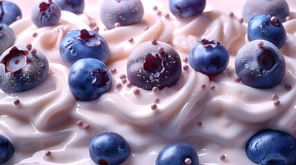 Blueberries on yogurt, yogurt has blueberries pieces, white background, bright tones, food...