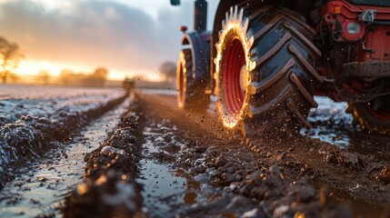 Tractor's wheel close-up on muddy field road. Gritty rural scene depicts the essence of farm life and the challenges of agriculture with striking detail and texture. - obrazy, fototapety, plakaty
