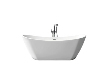 A pristine white bathtub, adorned with a gleaming chrome faucet, glistens under soft lighting