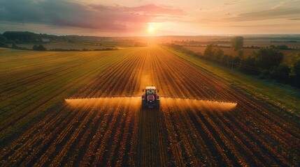 Rural care: Aerial view shows crop spraying in tranquil farmland. - obrazy, fototapety, plakaty
