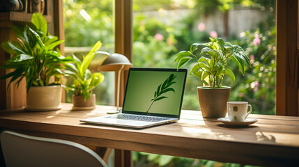 Peaceful Workstation with Plants and Computer - 768136333