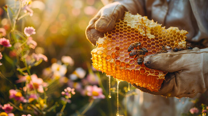 Beekeeper Holding Honeycomb in Blooming Field - 768136335