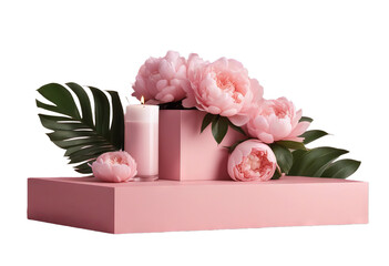 pastel product template flowers pedestal feminine shadow Valentine flower Minimal copy space 3D pink palm splay leaf gift Peonies background rose cosmetic beauty podium 3d
 poduim three-dimensional