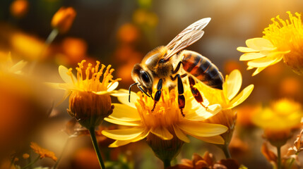 A honeybee pollinating Vibrant Wildflowers in Sunlight
