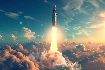 a rocket taking off from the clouds - obrazy, fototapety, plakaty
