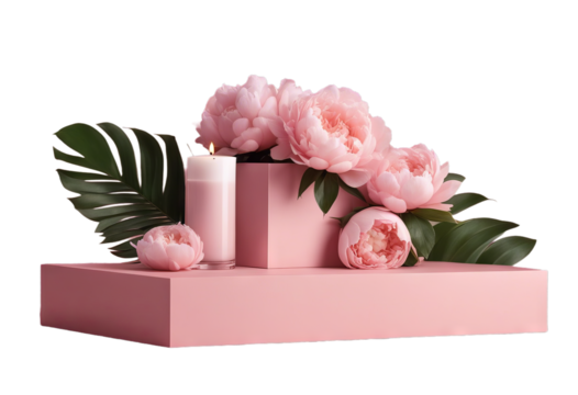 pastel product template flowers pedestal feminine shadow Valentine flower Minimal copy space 3D pink palm splay leaf gift Peonies background rose cosmetic beauty podium 3d
 poduim three-dimensional