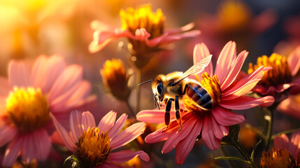 A honeybee pollinating a bright array of wildflowers bathed in sunlight - 768136500