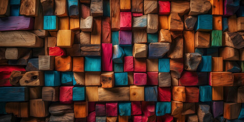 Colorful Wooden Blocks Background, Abstract Toy Pattern wallpaper. Arranged in an abstract pattern, creating a dynamic and playful texture.
