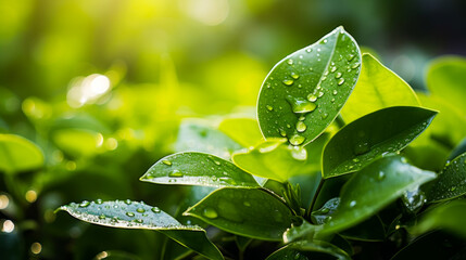 Fresh Green Leaves with Water Droplets, Nature's Dew - 768136754