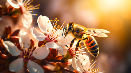 Bee Pollinating Blossoming Spring Flowers - 768136783