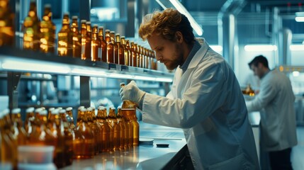 Technicians analyze samples in stainless steel brewery lab for innovative scientific beer production