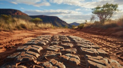 Tracing Nature's Path: Detailed tractor tire track close-up reveals the imprint of wilderness. Explore off-grid trails and dive into the rugged beauty of nature - 768136967