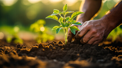 Transplanting a Young Seedling in Sunlit Soil - 768136997