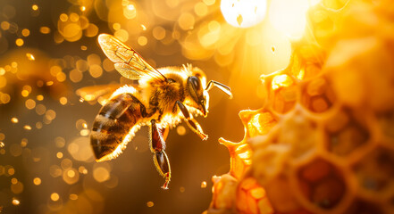 Macro shot of bee entering hive with pollen baskets - obrazy, fototapety, plakaty