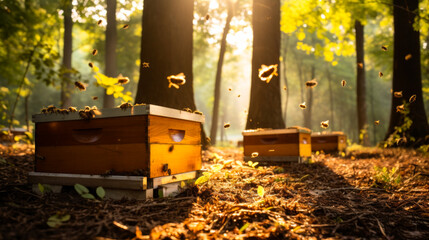 Beehives in Forest with Busy Honeybees at Work - 768137132
