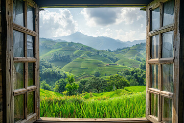 Landscape nature view background. view from window at a wonderful landscape nature view with rice terraces