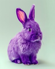 Realistic photo of a bright purple and fluffy rabbit, neutral background, abstract, colorful animal