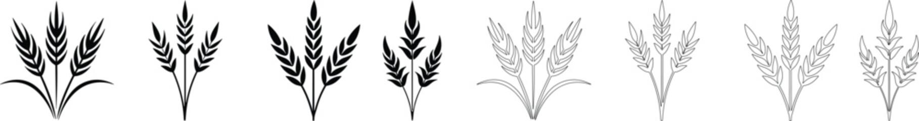 Bunches of wheat or rye ears with whole grain. Wheat wreaths and grain spikes set icons. Vector illustration