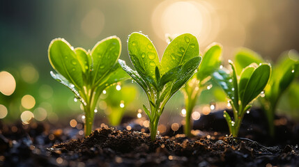 Young Seedlings in Soil with Sunlight and Water Droplets - 768137148