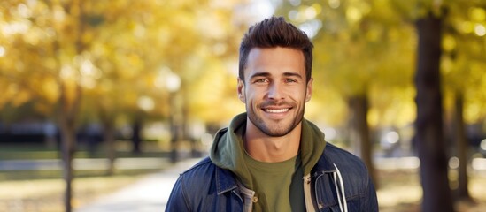 Fototapeta premium A handsome, friendly young man with a beard wearing a leather jacket is standing outdoors in a park, smiling at the camera. He exudes a confident and approachable aura.