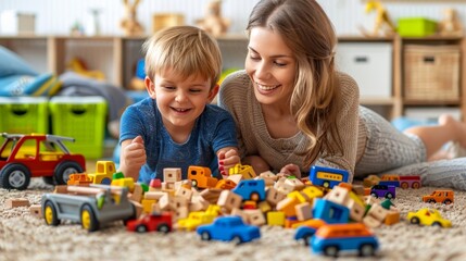 Preschool teacher engaging children in play with vibrant and educational wooden toys
