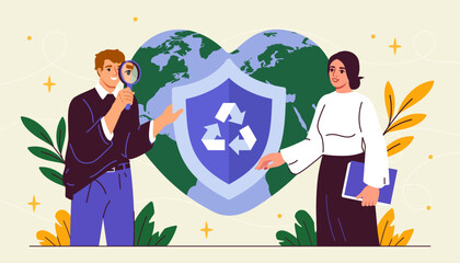 Cleaner planet concept. Man and woman shaking hands at background of Earth. Care about ecology and environemnt. Eco friendly activists and volunteers. Cartoon flat vector illustration