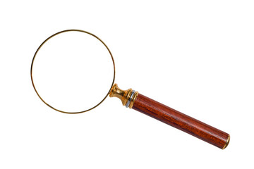 Old antique mahogany and gold magnifying glass isolated cutout on transparent