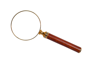 Old antique mahogany and gold magnifying glass isolated cutout on transparent