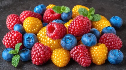 Fototapeta na wymiar raspberries, blueberries and yellow raspberries background