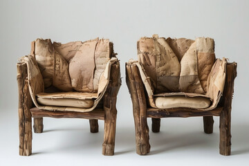 pair of handcrafted chairs against white background with sense of creativity