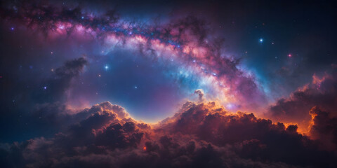 Stunning Cosmic Sky with Vibrant Nebula and Stars, milky galaxy dotted with stars and galaxies,...