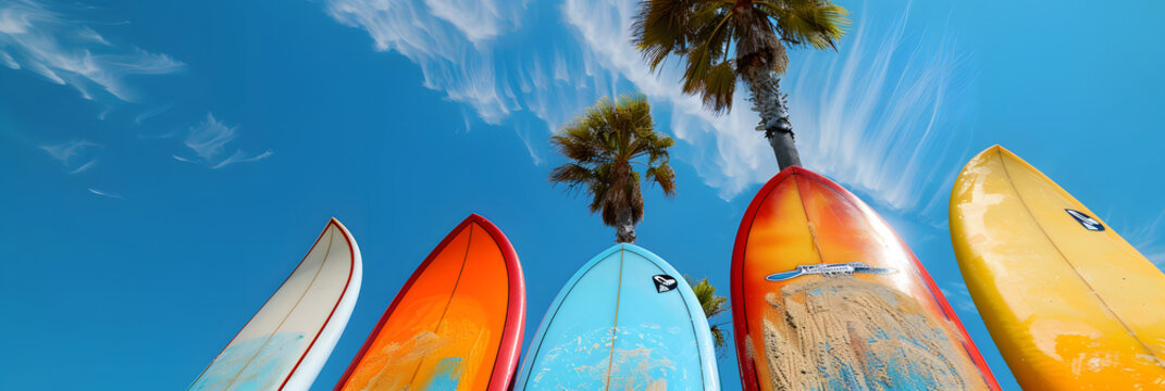 colorful surfboards on the beach, in the style of desertwave, realistic blue skies, palmtree, 