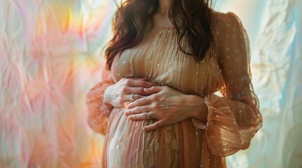 Close view of a joyful expectant mother, her pregnancy belly a symbol of life